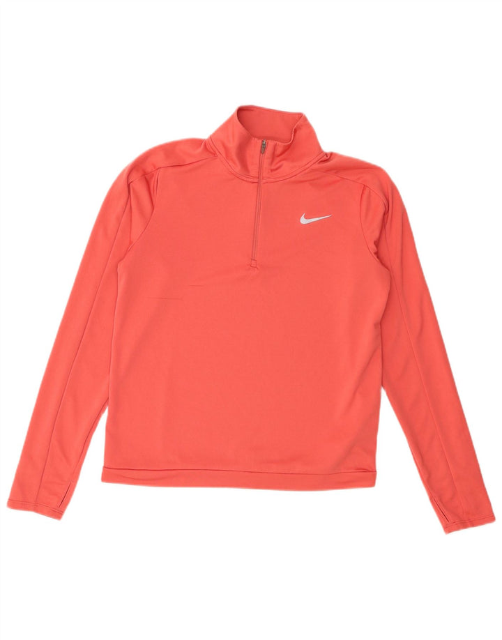 NIKE Womens Dri Fit Zip Neck Tracksuit Top UK 14 Medium Orange Polyester