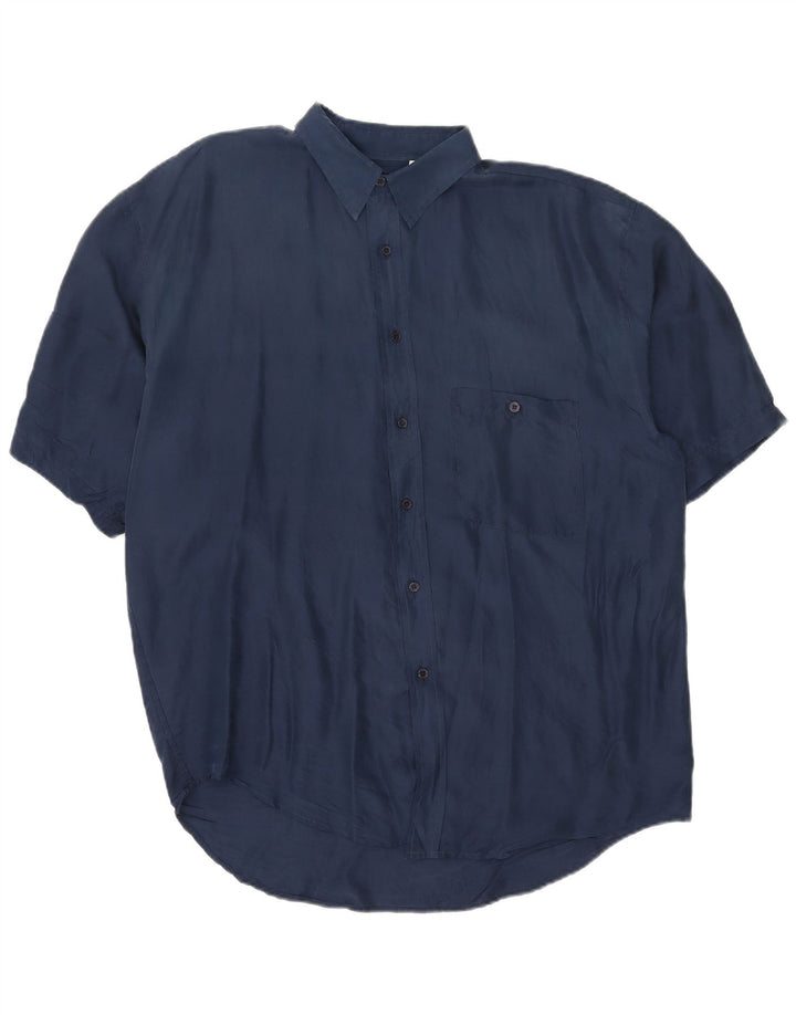 Camisa Vintage Hombre Manga Corta XL Seda Azul Marino