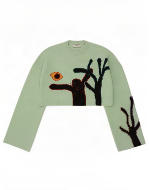 Zara Mujer Crop Graphic Crew Neck Jumper Sweater UK 40 Verde Medio