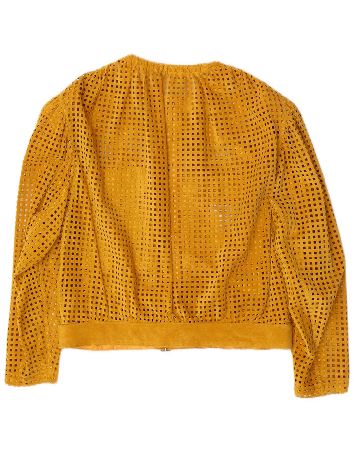 VINTAGE Mujer Ver a través de chaqueta de ante Reino Unido 14 Cuero amarillo medio