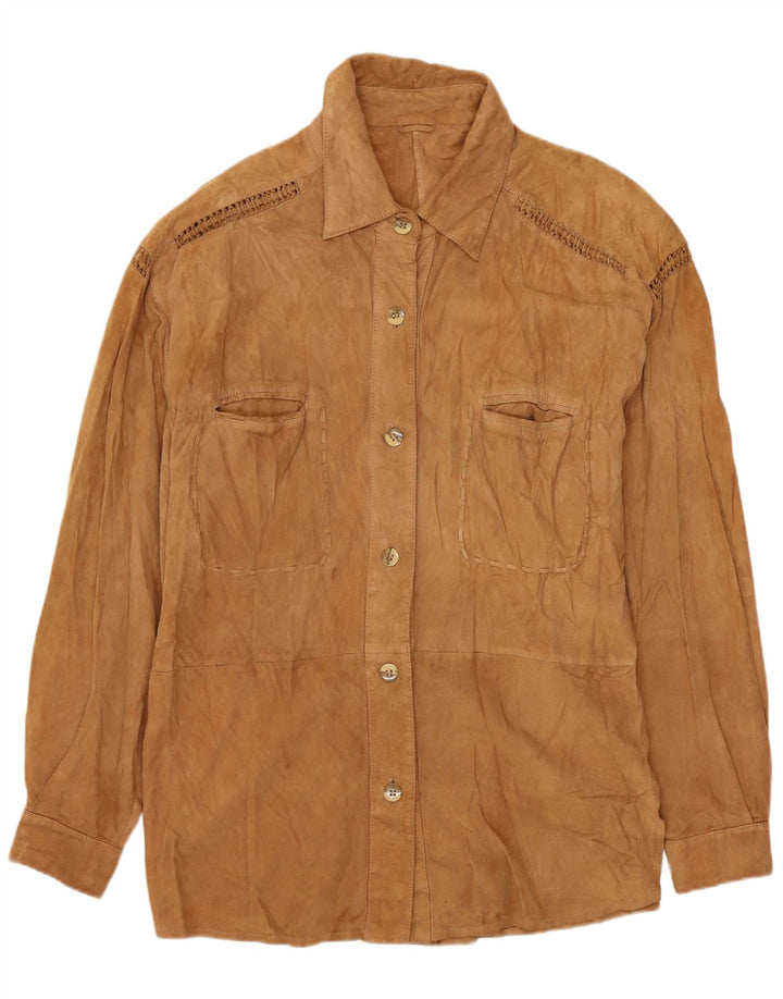 Vintage mujer sobrecamisa ante camisa Reino Unido 14 cuero beige medio