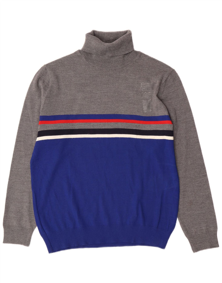 Vintage hombres rollo cuello jersey suéter XL gris colorblock acrílico