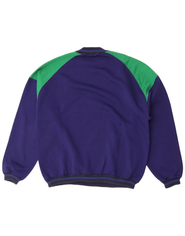 Vintage hombres sudadera gráfica jumper XL azul marino colorblock algodón