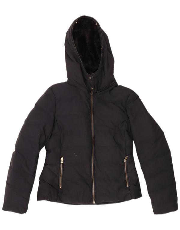 Zara Mujer Chaqueta Acolchada Sherpa Con Capucha UK 46 Grande Poliéster Azul Marino
