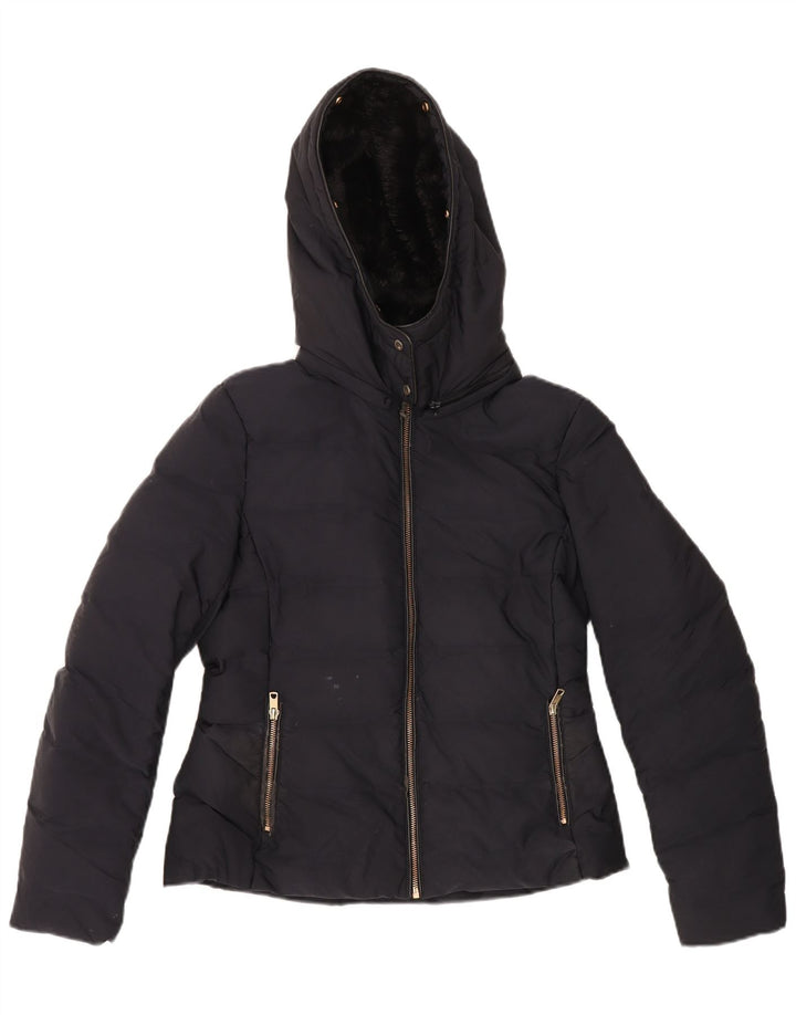 Zara Mujer Chaqueta Acolchada Sherpa Con Capucha UK 46 Grande Poliéster Azul Marino