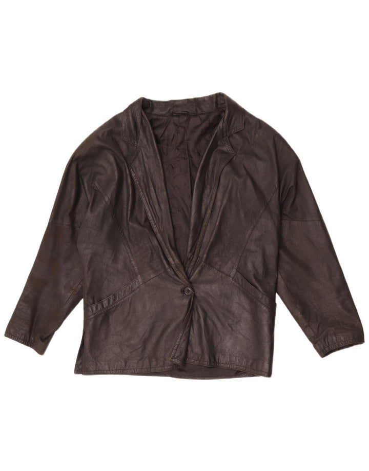 Vintage mujer 1 botón cuero Blazer chaqueta IT 42 medio negro