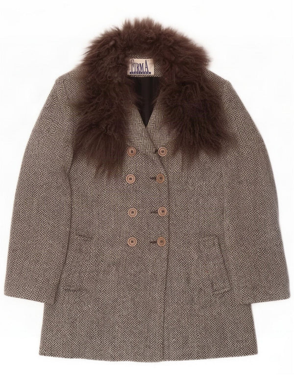 FIRMA Abrigo de doble botonadura para mujer UK 10 Small Grey Herringbone Wool
