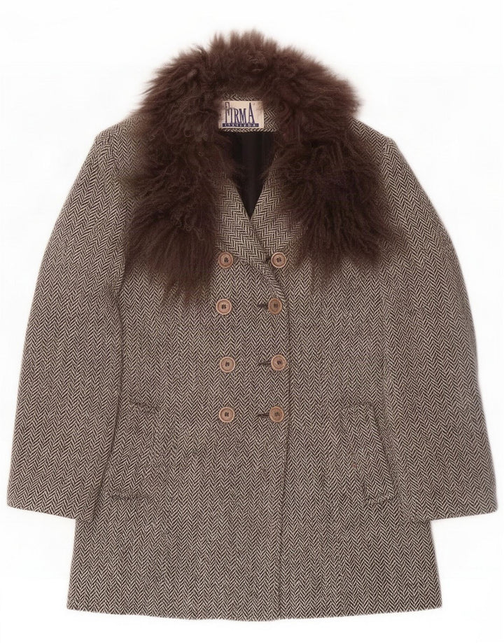 FIRMA Abrigo de doble botonadura para mujer UK 10 Small Grey Herringbone Wool