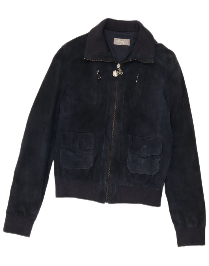 Vintage mujer ante bomber chaqueta Reino Unido 12 cuero azul marino medio
