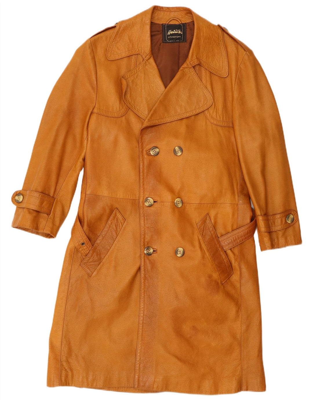 VINTAGE Abrigo de cuero militar para hombre EU 46 Pequeño Beige