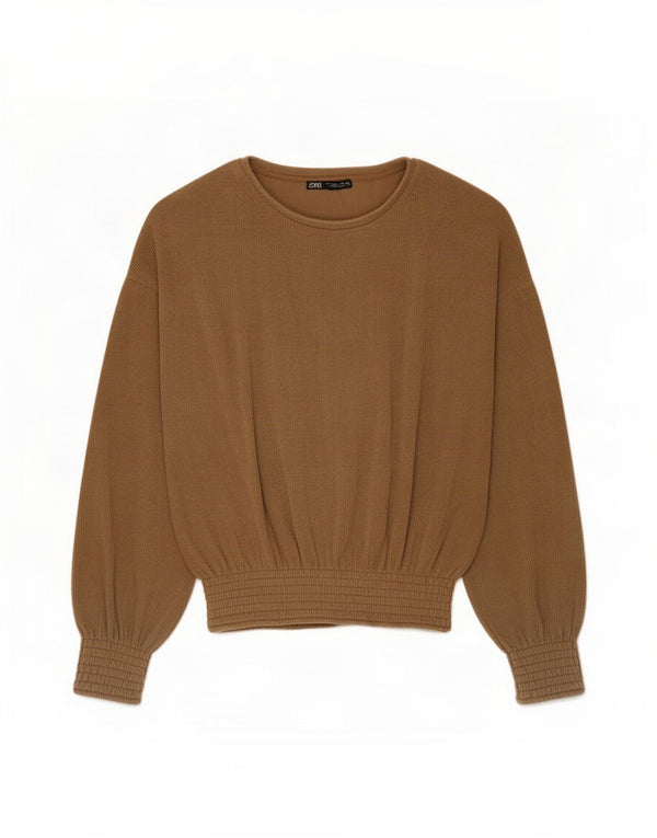 Zara Mujer Top Extragrande Manga Larga UK 10 Small Marrón Poliéster