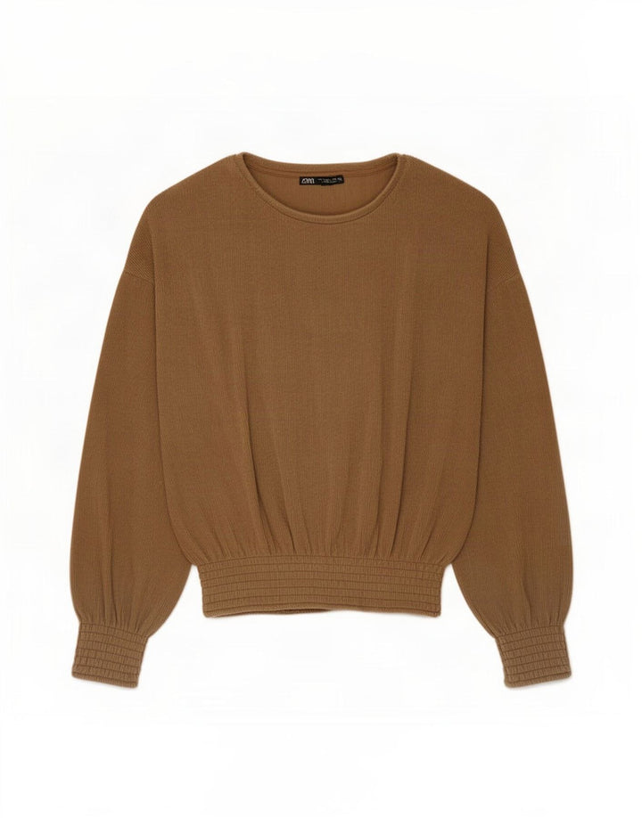 Zara Mujer Top Extragrande Manga Larga UK 10 Small Marrón Poliéster
