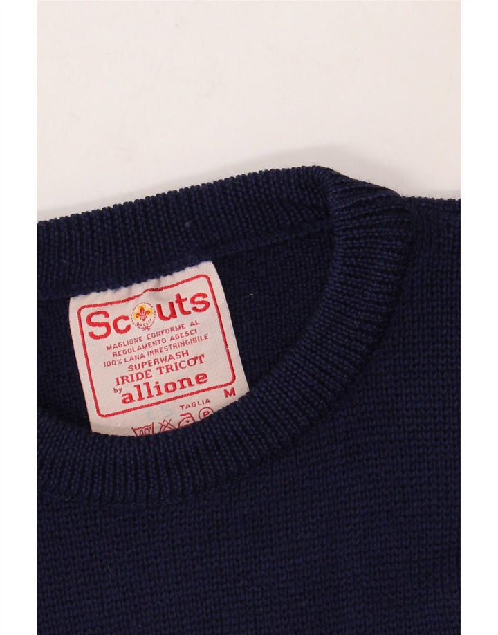 VINTAGE Hombres Crew Neck Jumper Suéter Medio Azul Marino Lana