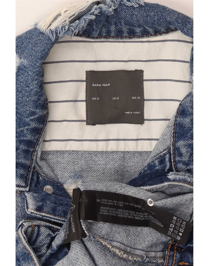 Zara Mens Chaleco Denim Desgastado UK 36 Pequeño Algodón Azul