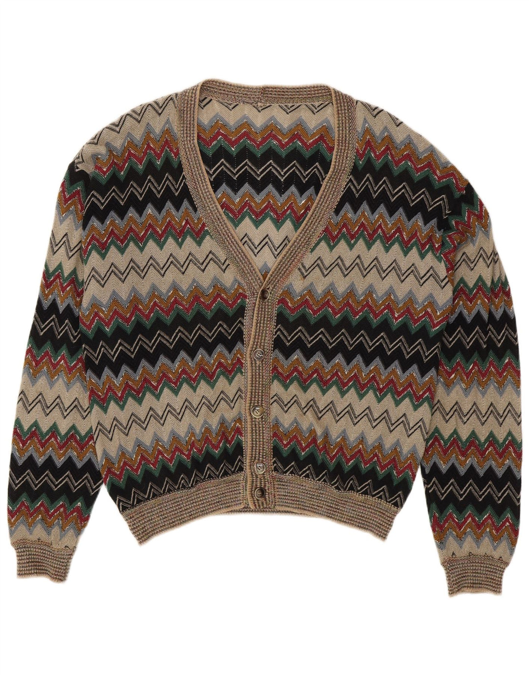 Vintage hombres Cardigan suéter IT 50 medio multicolor Chevron lino