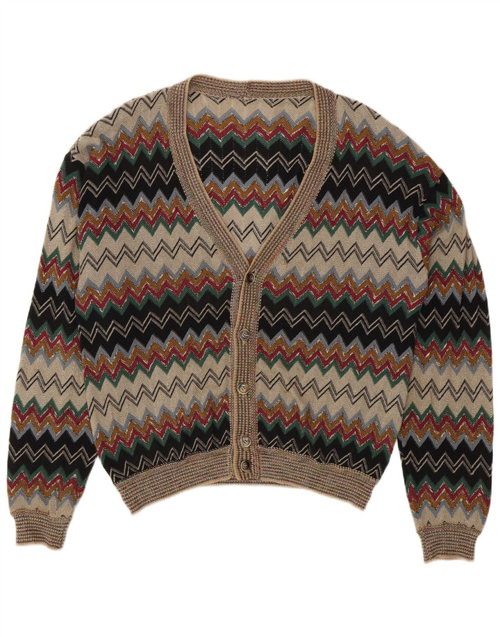 Vintage hombres Cardigan suéter IT 50 medio multicolor Chevron lino