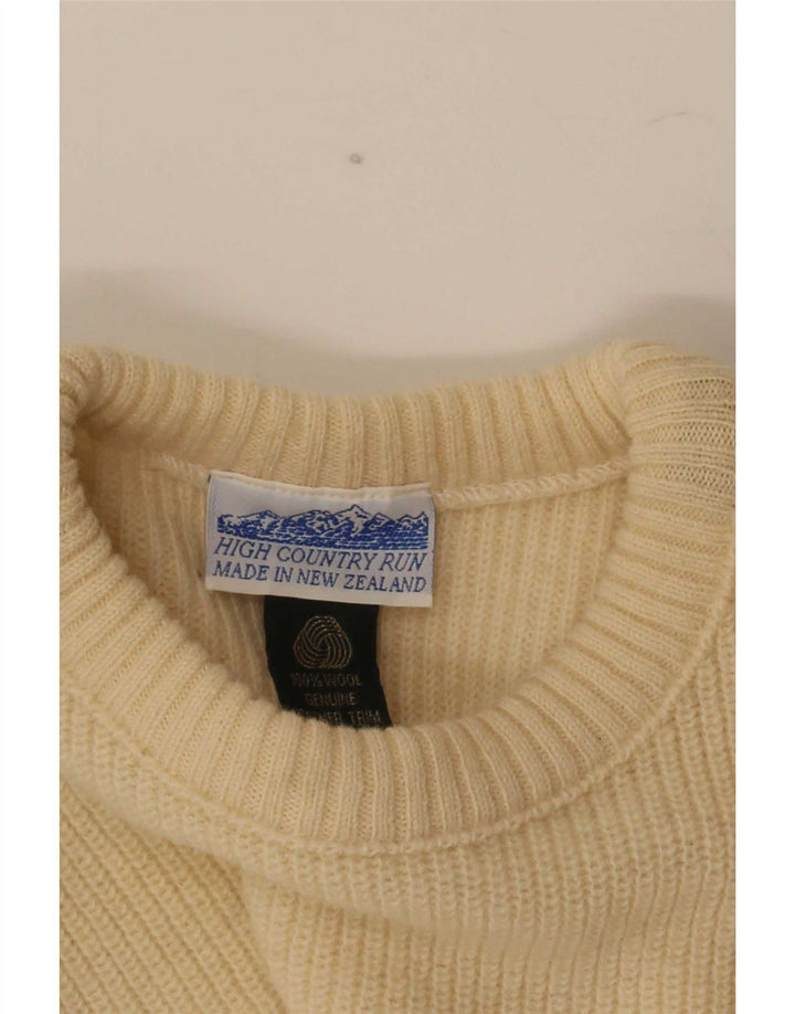 Vintage hombres cuello redondo jersey suéter medio beige colorblock lana