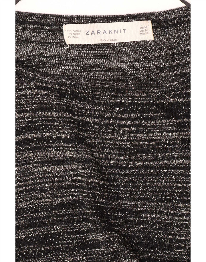 Zara Mujer Top Manga Larga UK 40 Medio Negro Rayas Acrílico