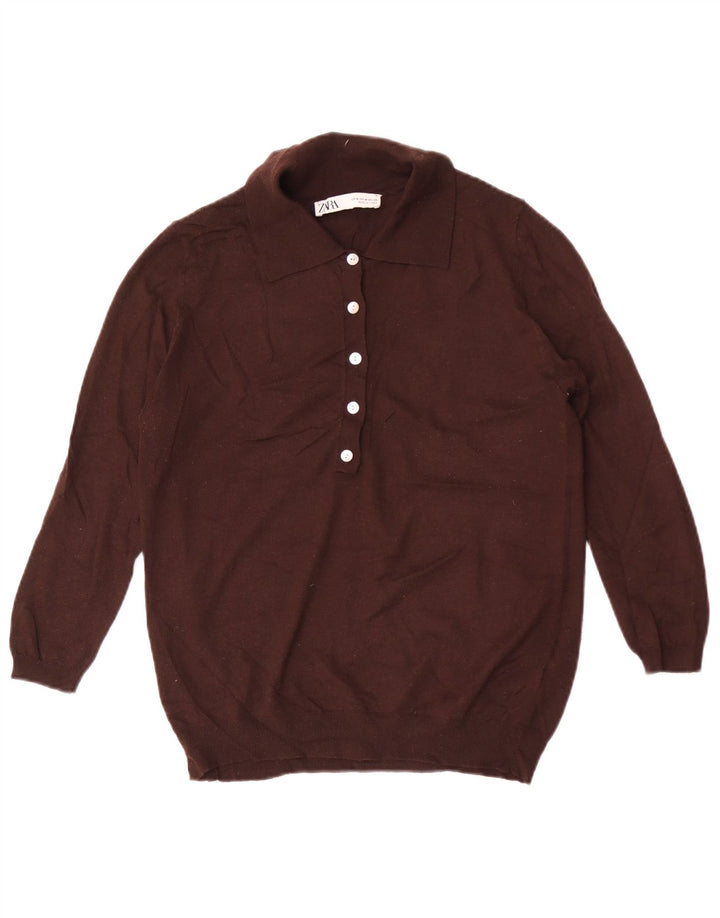 Zara Mujer Polo Cuello Jersey Suéter UK 12 Marrón Medio Poliéster