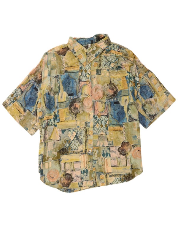 Vintage mujer camisa de manga corta Reino Unido 18 XL verde patchwork viscosa