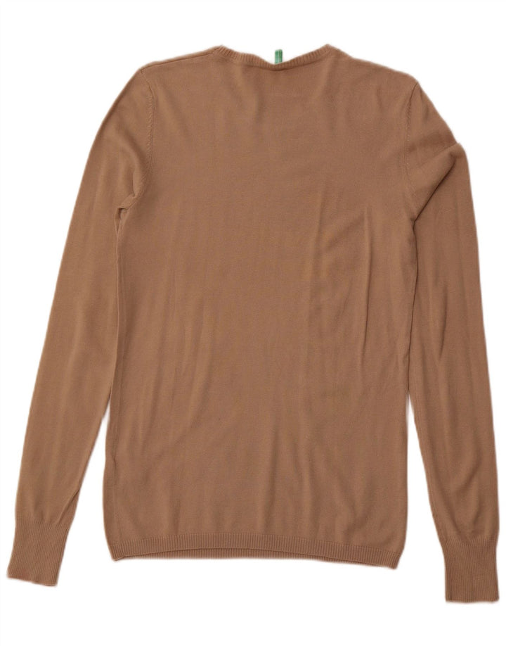 BENETTON Suéter de cuello redondo ajustado para mujer UK 44 Grande Algodón beige