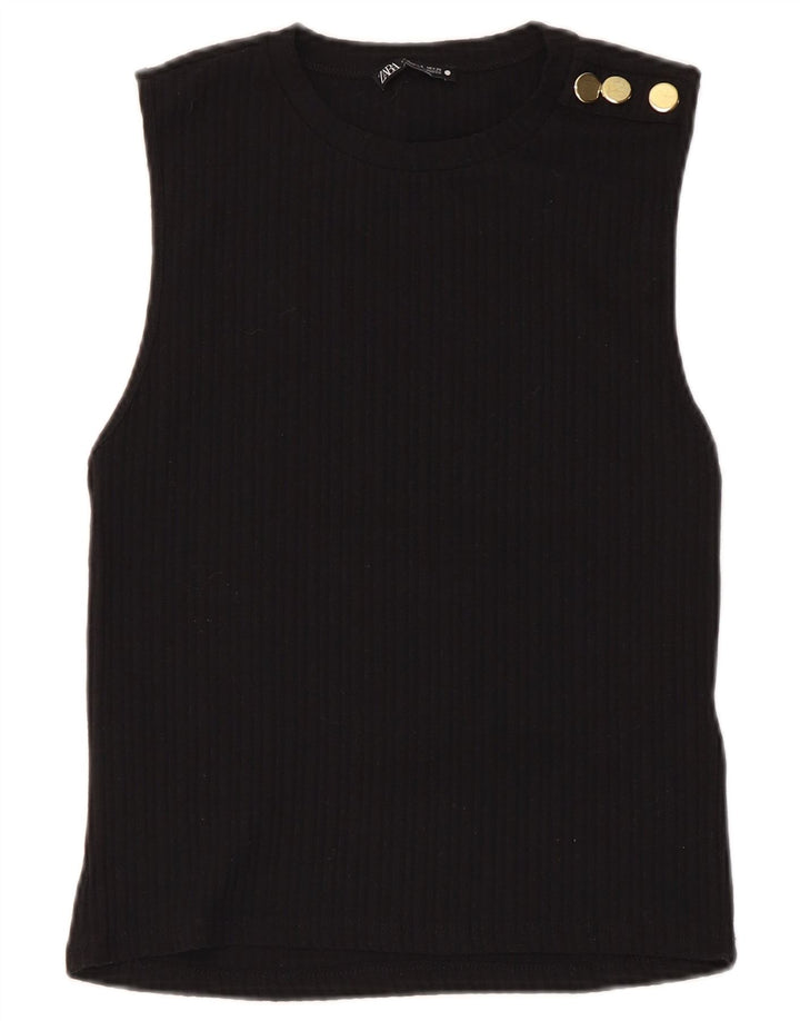 Zara Mujer Chaleco Top UK 8 Pequeño Poliéster Negro