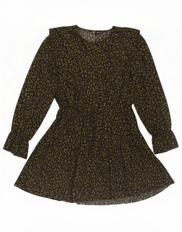Zara Mujer Vestido Acampanado De Manga Larga UK 46 Grande Estampado Animal Negro