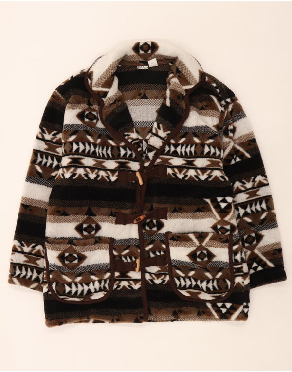Vintage mujer oversize punto duffle abrigo Reino Unido 10/12 Pequeño Marrón Fair Isle