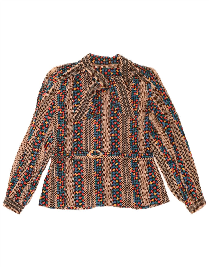 Vintage mujer manga larga blusa Top Reino Unido 14 marrón medio rayas