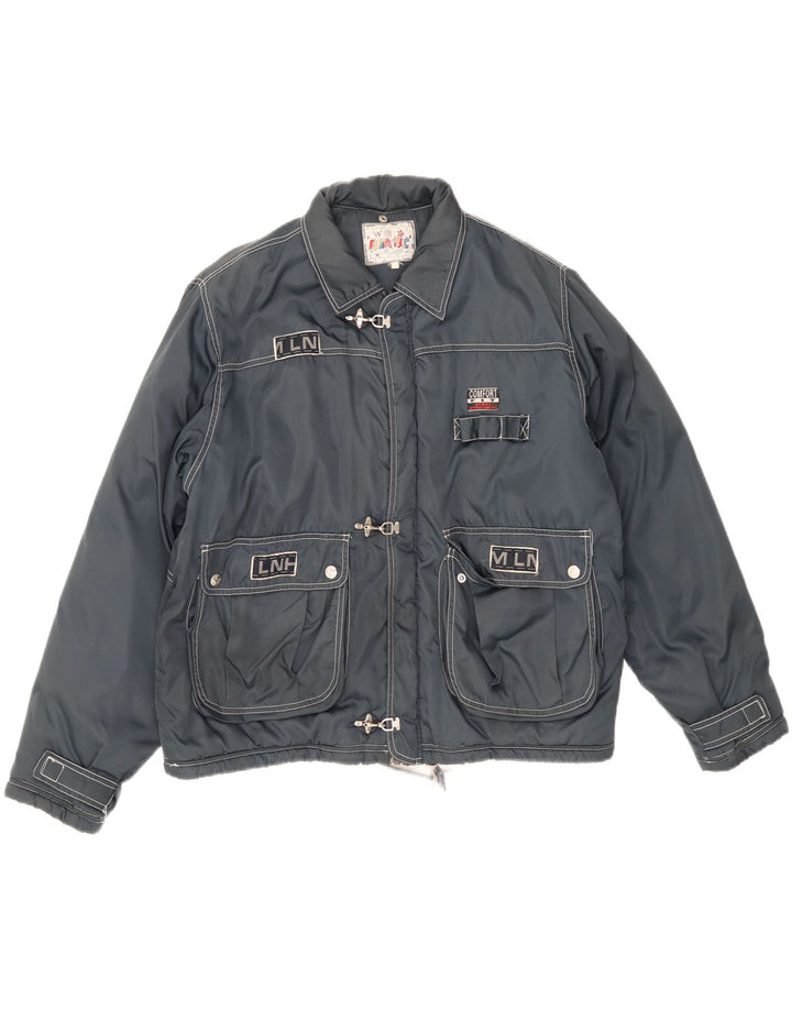 Vintage hombres con capucha chaqueta acolchada Reino Unido 38 azul marino medio