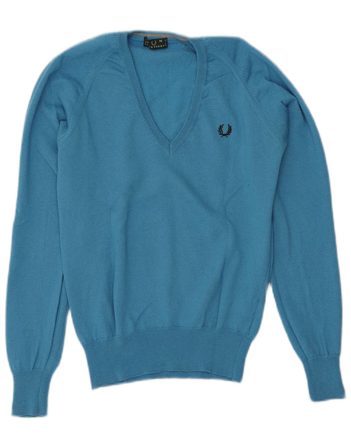 Fred Perry Jersey con cuello en V para mujer UK 42 Lana azul medio