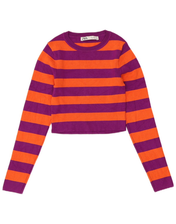 ZARA Jersey Corto con Cuello Barco para Mujer UK 8 Small Púrpura Rayas