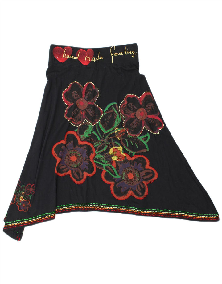 Desigual Mujer Falda Asimétrica Gráfica Mediana W28 Algodón Floral Negro