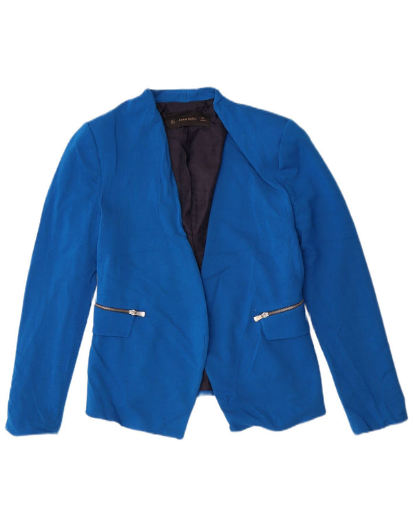 Zara Mujer Chaqueta Americana Abierta UK 42 Poliéster Azul Medio