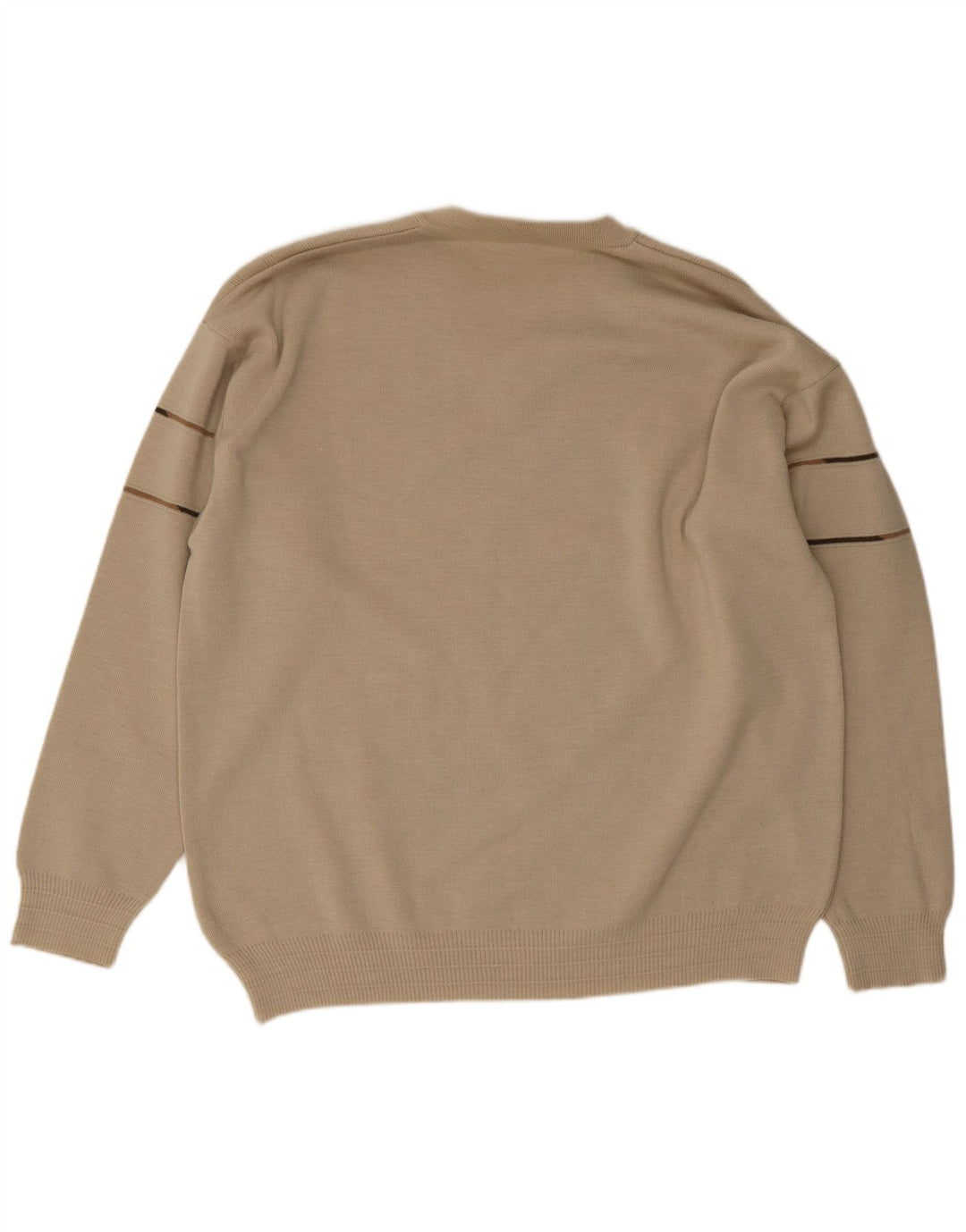 Vintage hombres V-cuello jumper suéter IT 50 medio beige rayas poliacrílico