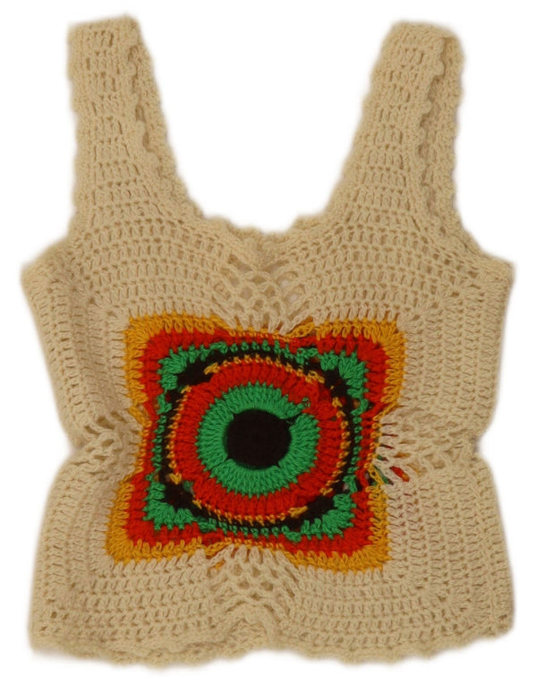 Vintage mujer crochet sin mangas crop top UK 4 XS Off White Geométrico