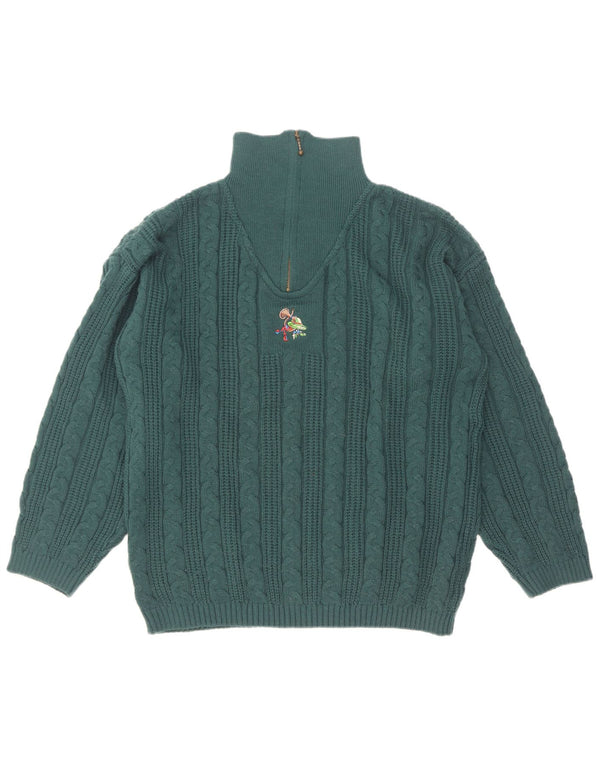 Vintage hombres zip cuello jersey suéter Reino Unido 38/40 medio verde poliacrílico