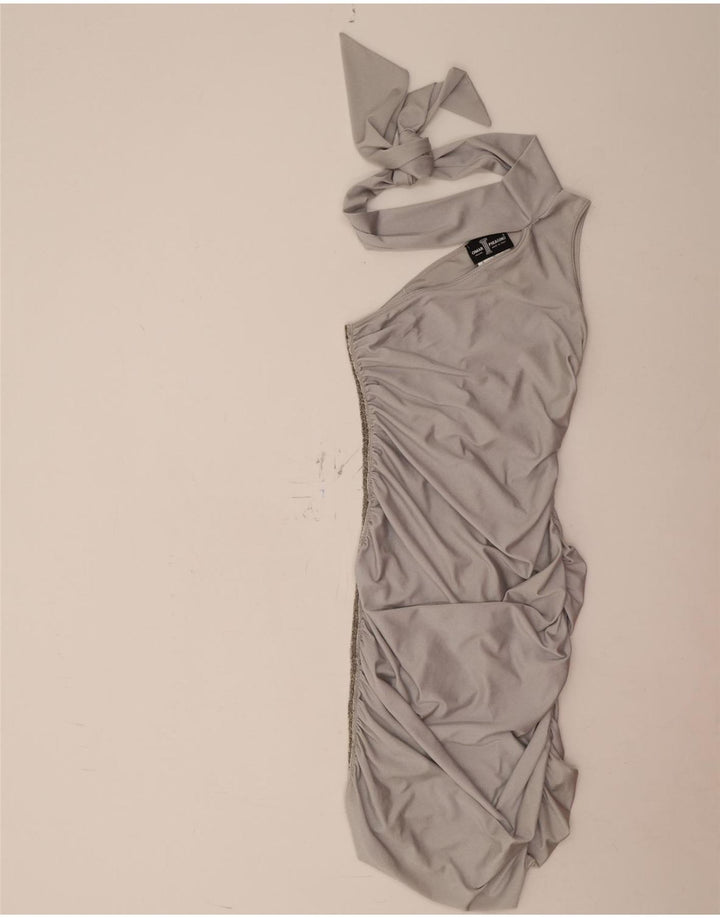 Vintage mujer un hombro vestido Reino Unido 12 medio plata poliamida