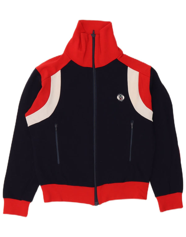 Vintage hombres chándal top chaqueta 2XS azul marino colorblock poliamida