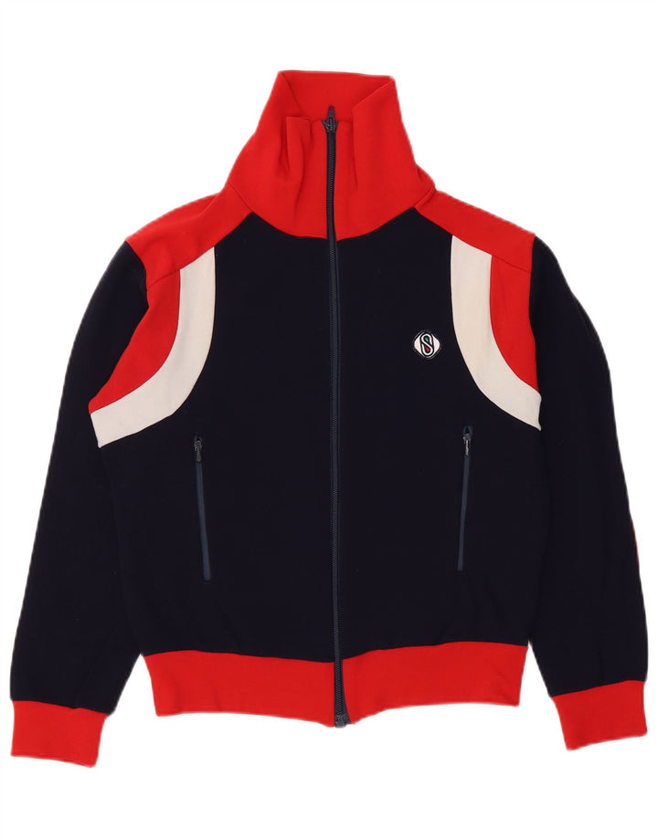 Vintage hombres chándal top chaqueta 2XS azul marino colorblock poliamida