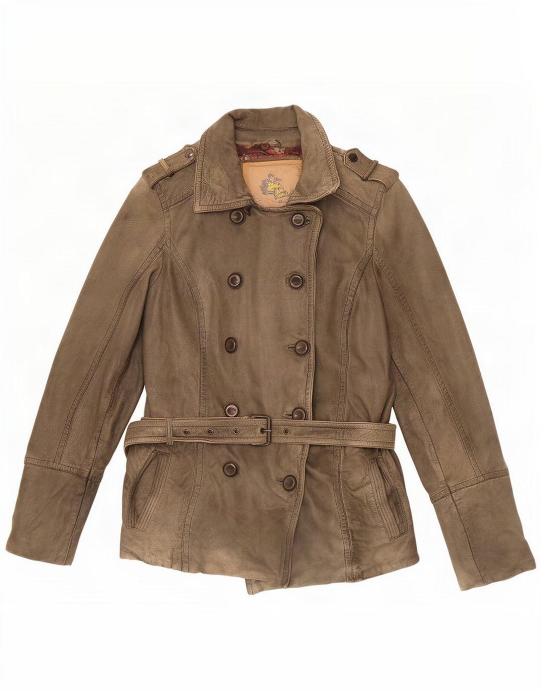 Vintage mujer militar doble pecho chaqueta de cuero UE 38 medio caqui