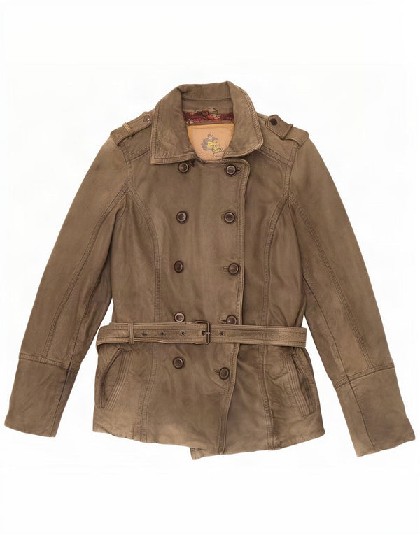 Vintage mujer militar doble pecho chaqueta de cuero UE 38 medio caqui