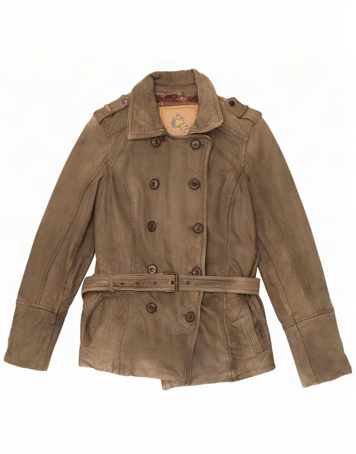 Vintage mujer militar doble pecho chaqueta de cuero UE 38 medio caqui