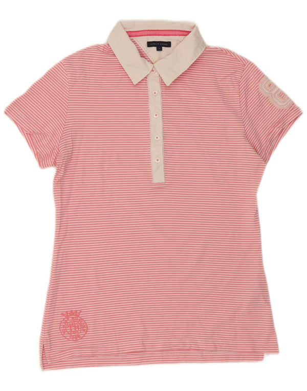 Tommy Hilfiger Womens Graphic Rugby Polo Shirt UK 14 Large Pink Pinstripe