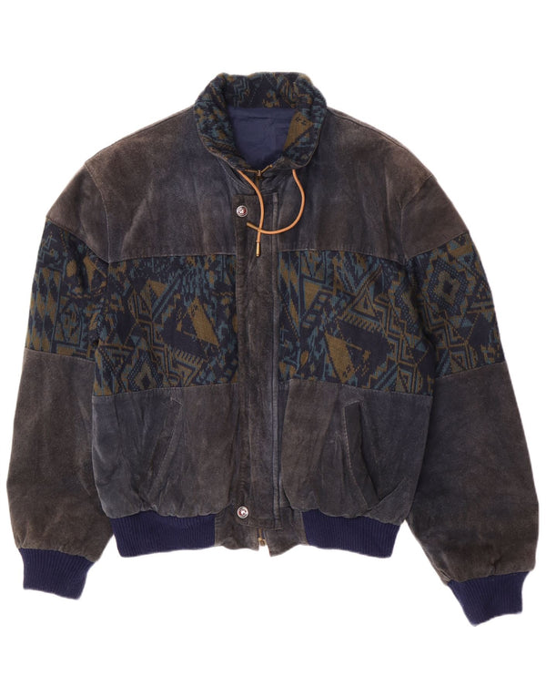 Vintage hombres ante bomber chaqueta Reino Unido 40 grande azul marino geométrico