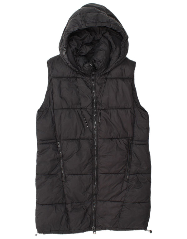 Zara Mujer Chaleco Largo Acolchado Con Capucha UK 40 Mediano Negro Poliéster