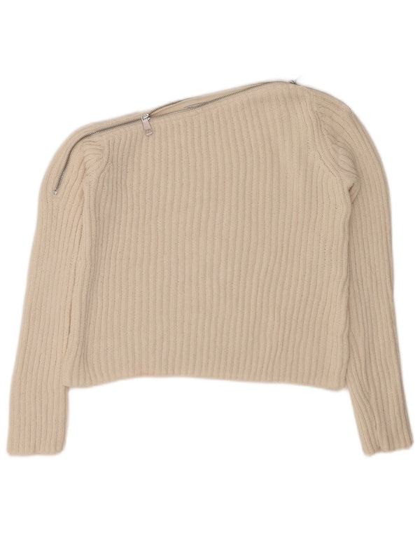 ZARA Jersey corto con cuello barco para mujer UK 12 Medium Off White Poliéster