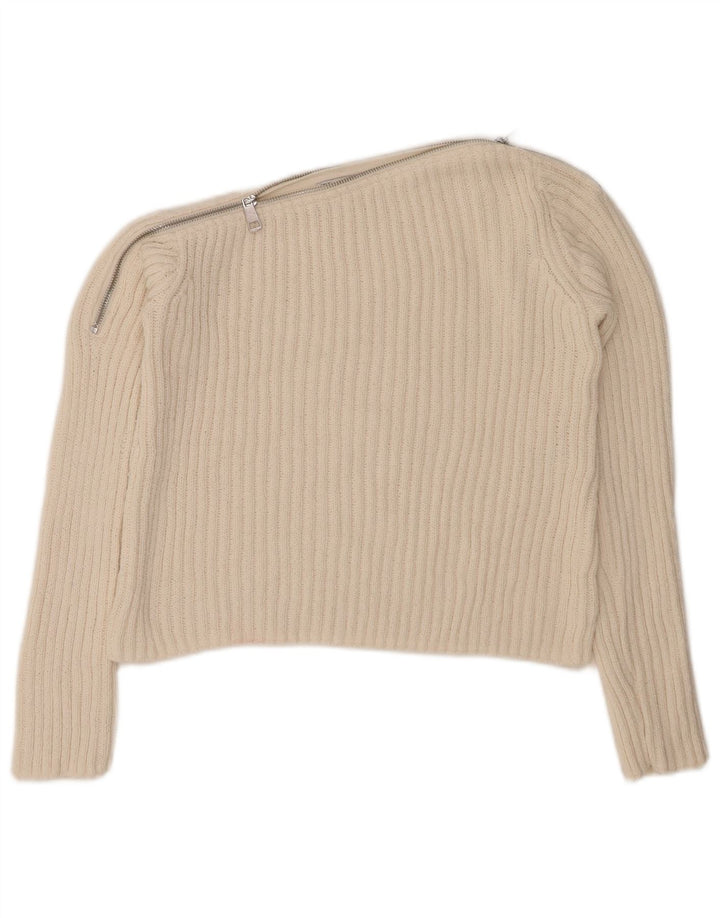 ZARA Jersey corto con cuello barco para mujer UK 12 Medium Off White Poliéster