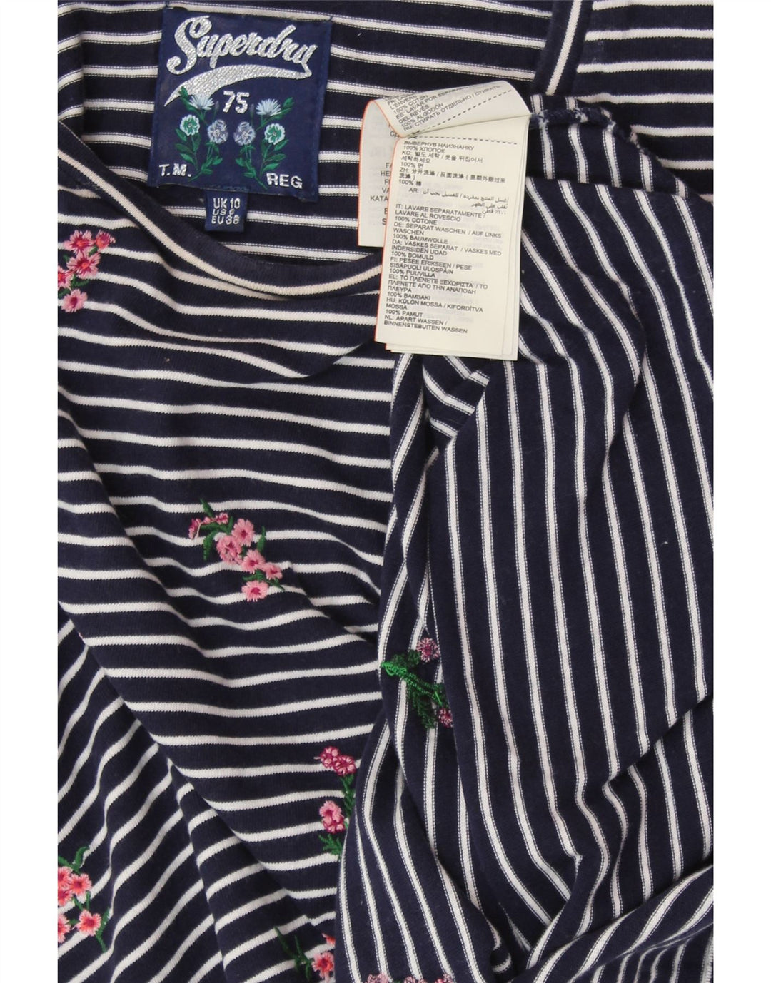 SUPERDRY Top de mujer de manga larga UK 40 Small Algodón a rayas azul marino