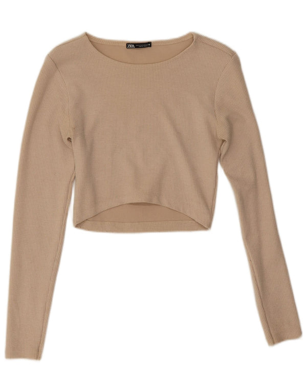 Zara Mujer Crop Top Manga Larga UK 42 Medio Beige